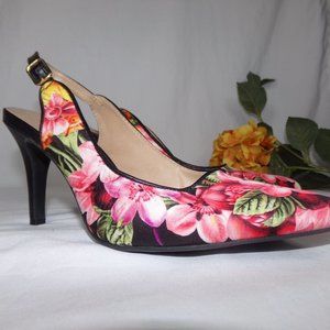 Anne Marino by Bettye Muller Black Floral Slingback Heels Women's Size 7.5